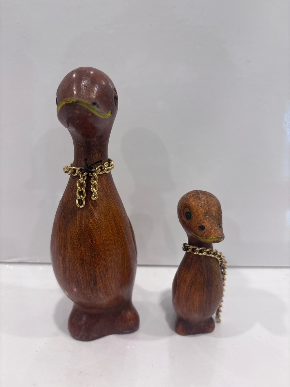 Vintage Hong Kong faux wood grain plastic duck and duckling pair